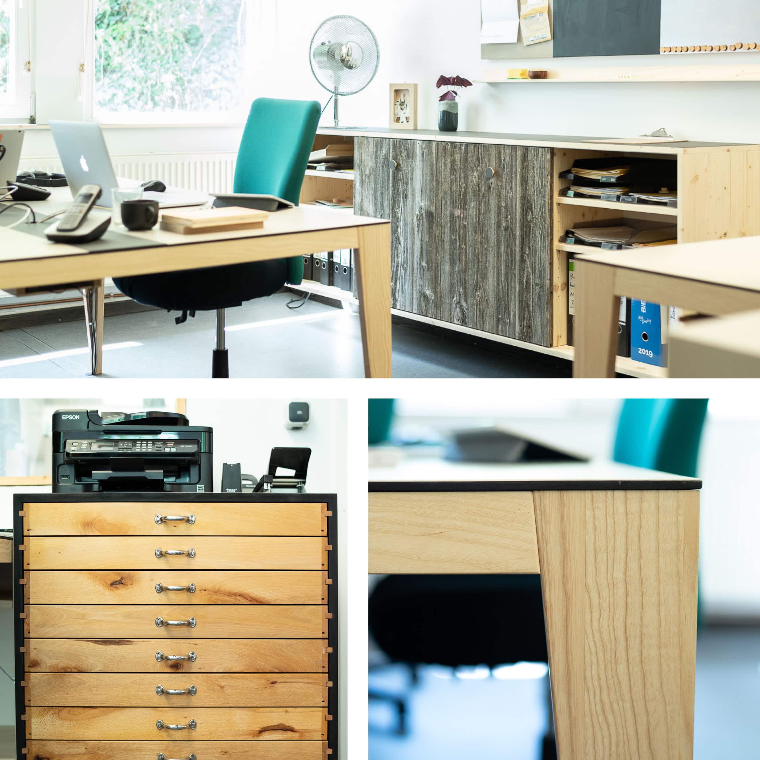 Materialmix im Büro – Schreibtische und Sideboards